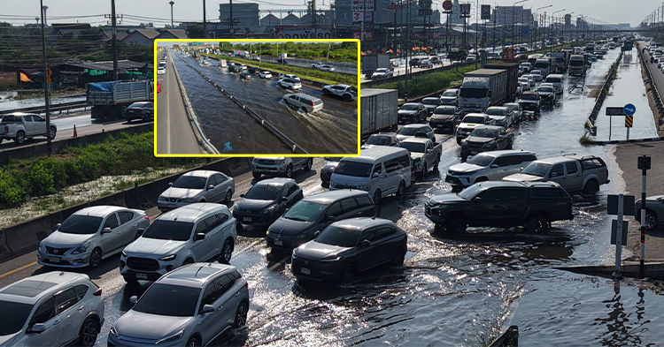 កម្មទាន់ហន់!! ទឹកសមុទ្រហូរចូលទីក្រុងបាងកក លិចផ្លូវហាយវេមួយខ្សែ ដល់ថ្នាក់អាជ្ញាធរប្រកាសបិទបន្ទាន់ បណ្ដាលឱ្យកកស្ទះឡានណែនក្ដន់